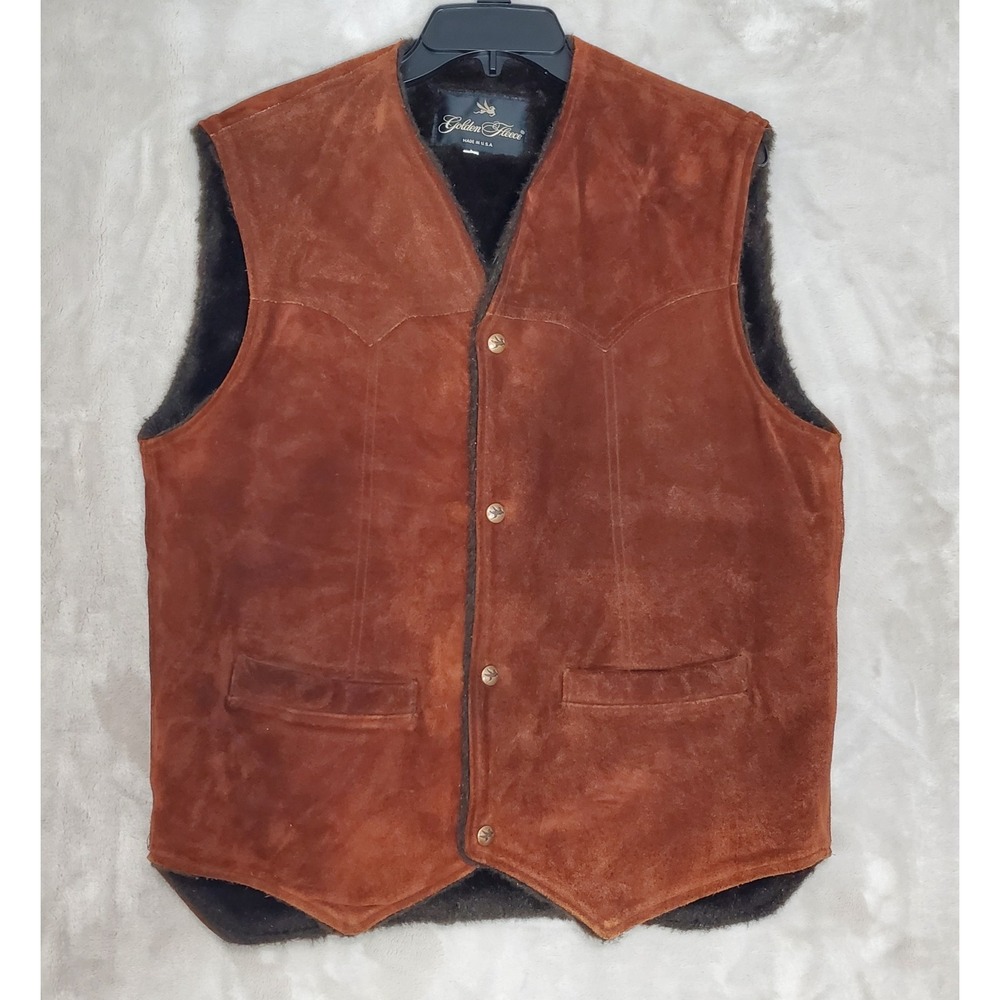 Vintage Golden Fleece Suede Leather Vest Mens M Snap Front Fur Lined Western EUC